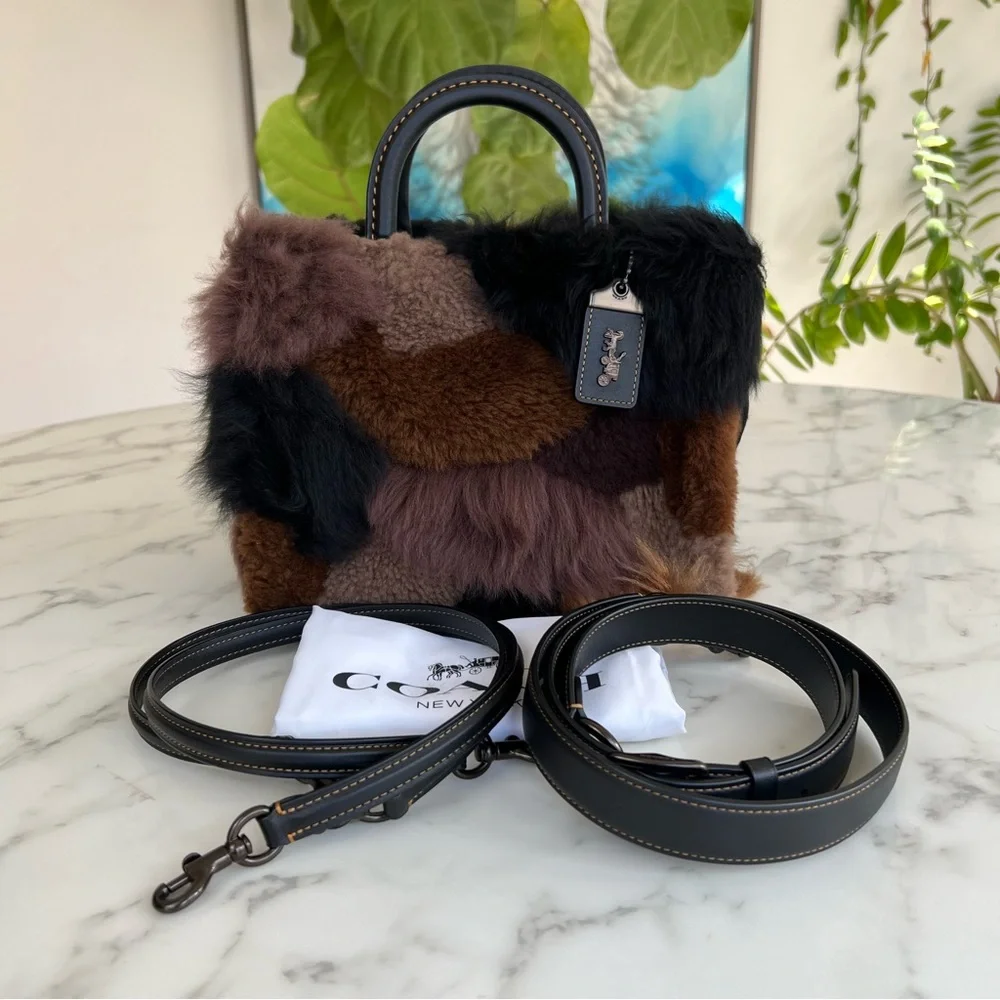 NWOT COACH Rogue 25 With Patchwork Shearling Fur Dark Multi Black Brown CM570 - Picture 1 of 16